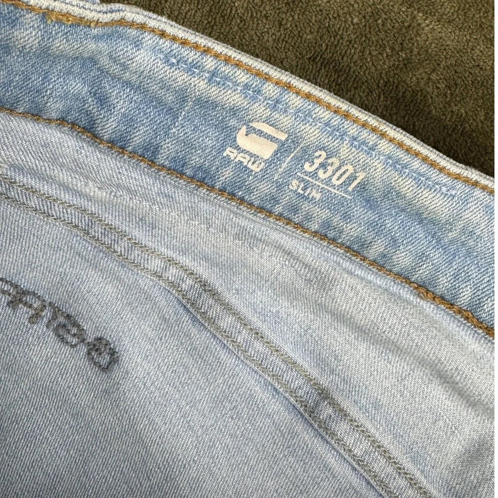G-Star RAW 3301 Slim Light Wash Distressed Ripped Repaired Jeans Mens 33x28.5